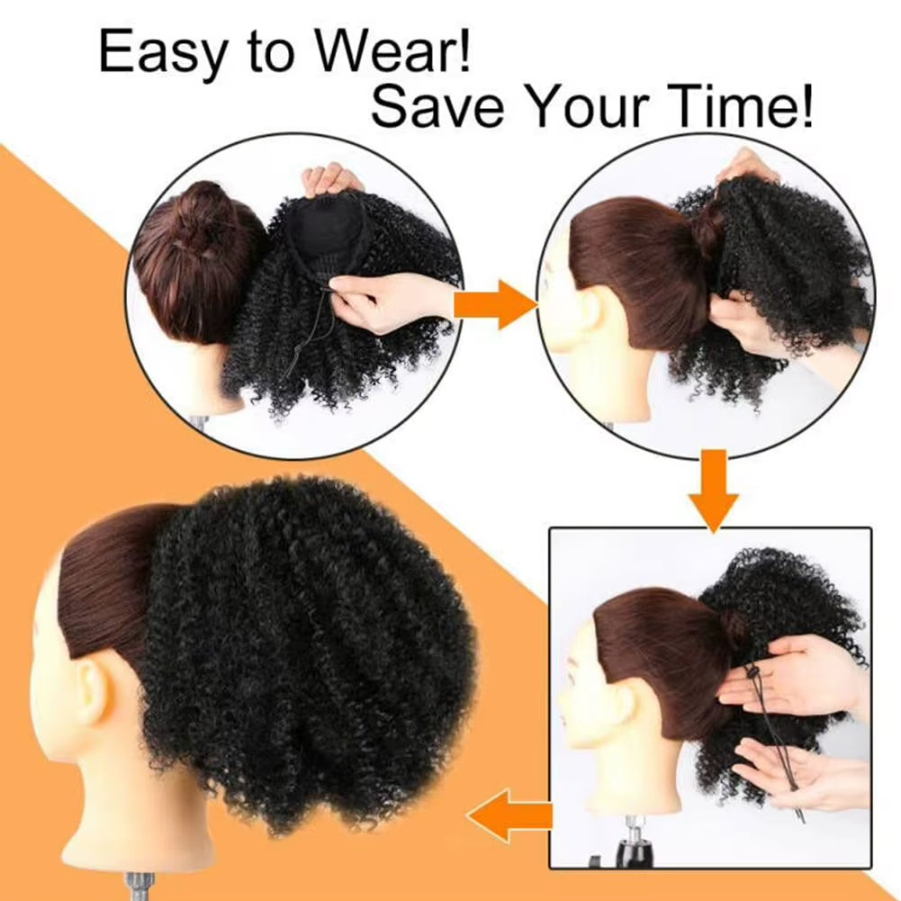 Short Afro Kinky Curly Ponytail Hair Piece for African American Ponytail Extension Synthetic Afro Kinky Curly Ponytail for Women