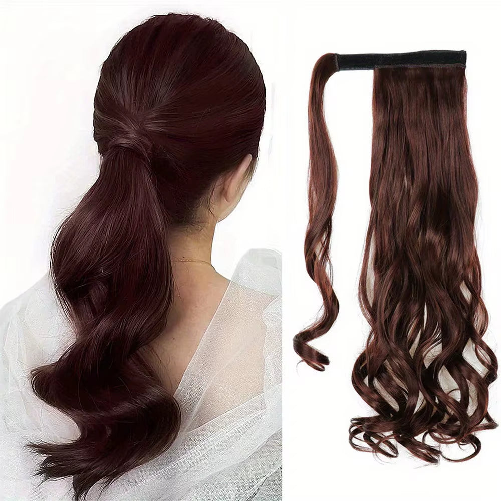 Long Curly Ponytail Extension Magic Paste Heat Resistant Wavy Synthetic Wrap around Ponytail Hairpieces