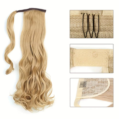 Long Curly Ponytail Extension Magic Paste Heat Resistant Wavy Synthetic Wrap around Ponytail Hairpieces