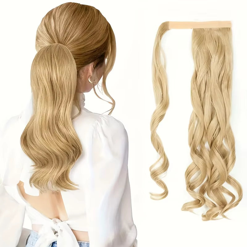 Long Curly Ponytail Extension Magic Paste Heat Resistant Wavy Synthetic Wrap around Ponytail Hairpieces