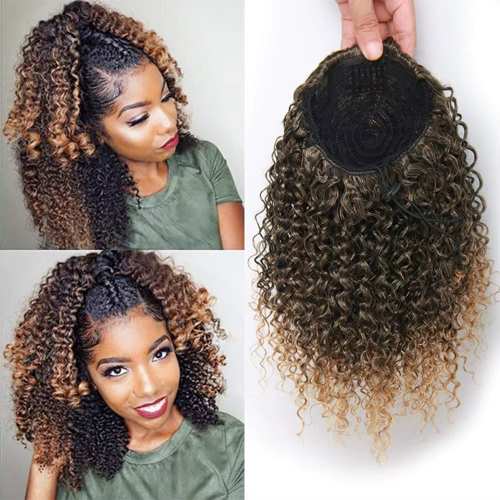 Short Afro Kinky Curly Ponytail Hair Piece for African American Ponytail Extension Synthetic Afro Kinky Curly Ponytail for Women