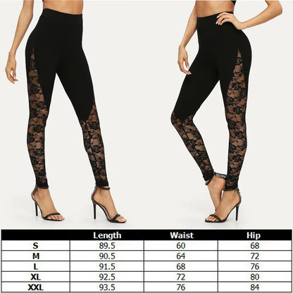 High Waist Black Lace Leggings, Floral Lace Side Panel Cut Out Black Leggings