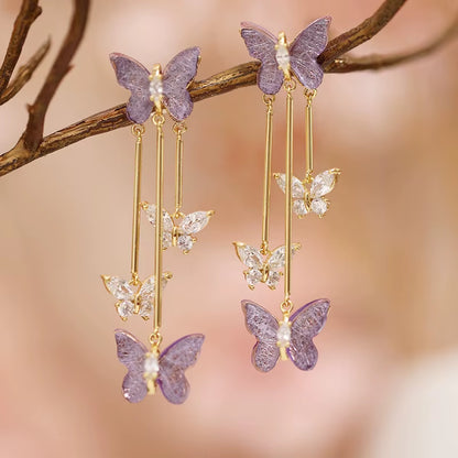 Purple Crystal Butterfly Long Tassel Stud Earrings