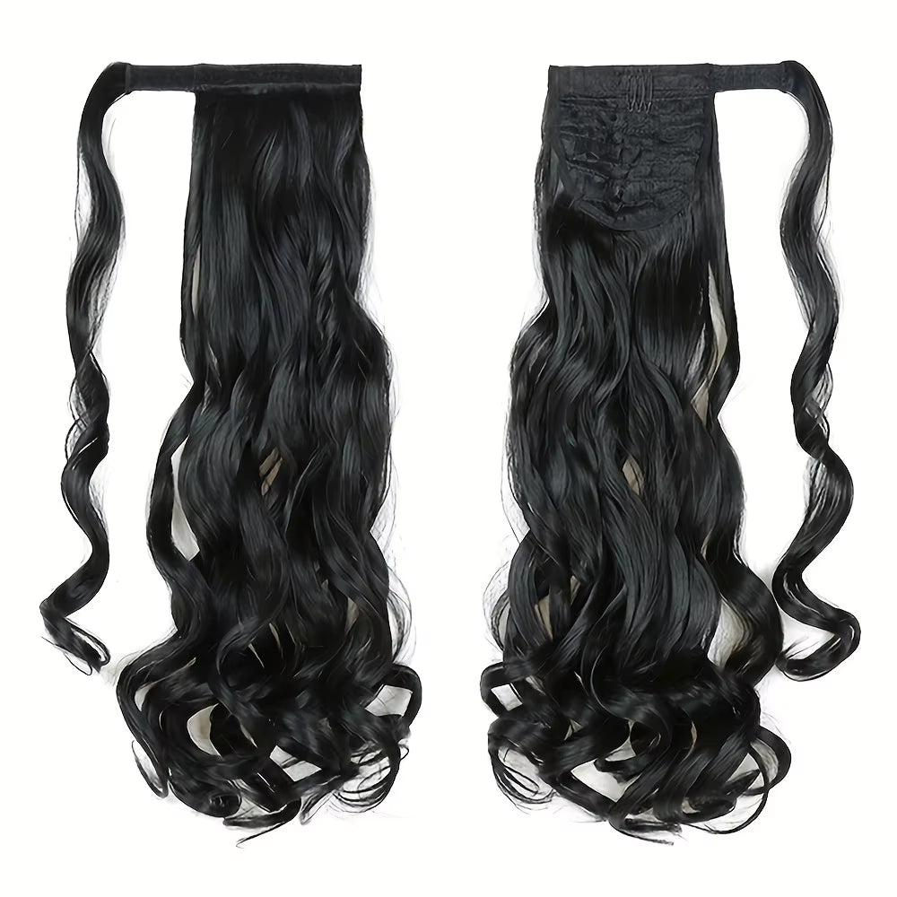 Long Curly Ponytail Extension Magic Paste Heat Resistant Wavy Synthetic Wrap around Ponytail Hairpieces