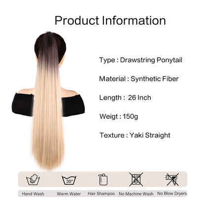 Yaki Straight Ponytail Hair Piece, Clip in Heat Resistant Synthetic Drawstring Ponytail