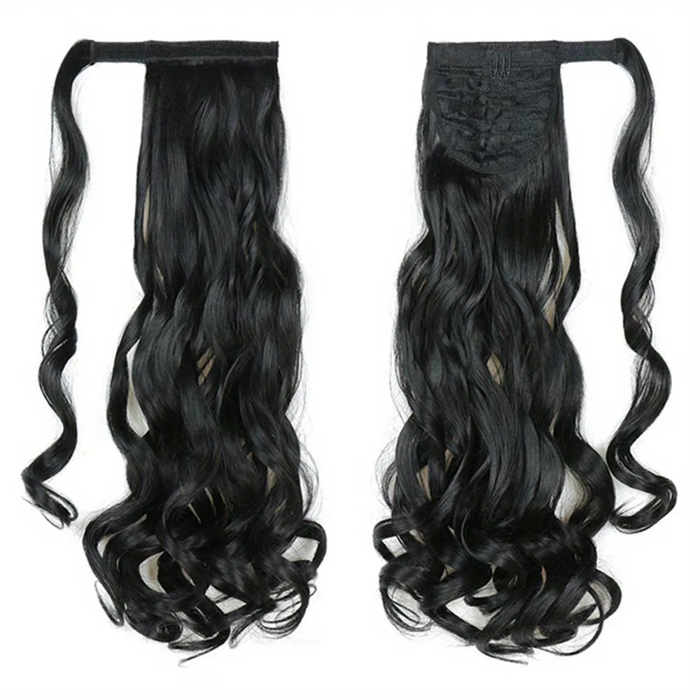 Long Curly Ponytail Extension Magic Paste Heat Resistant Wavy Synthetic Wrap around Ponytail Hairpieces