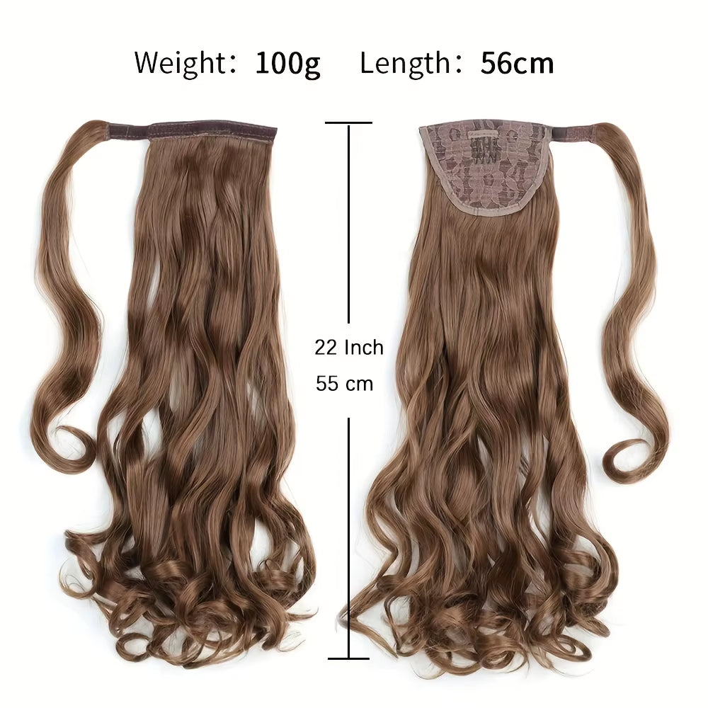 Long Curly Ponytail Extension Magic Paste Heat Resistant Wavy Synthetic Wrap around Ponytail Hairpieces