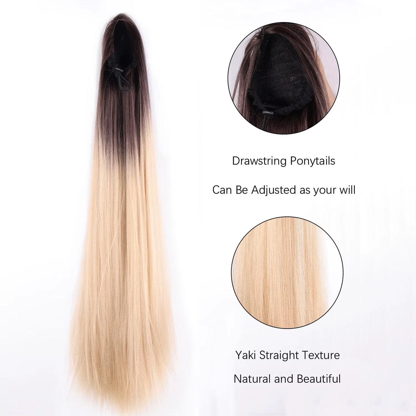 Yaki Straight Ponytail Hair Piece, Clip in Heat Resistant Synthetic Drawstring Ponytail