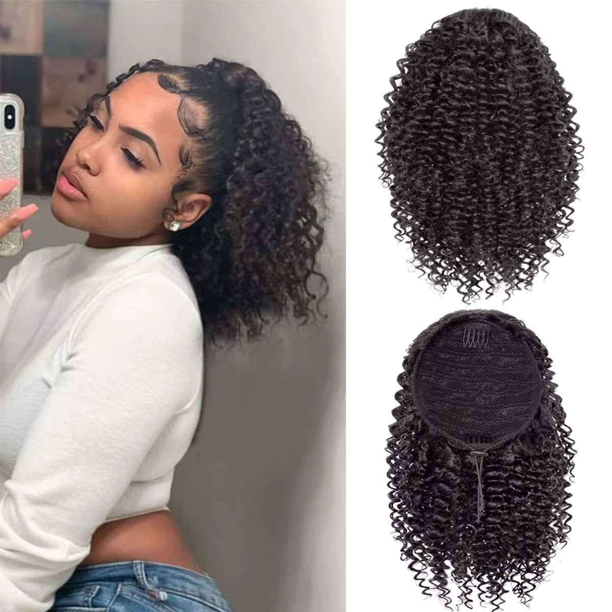 Short Afro Kinky Curly Ponytail Hair Piece for African American Ponytail Extension Synthetic Afro Kinky Curly Ponytail for Women