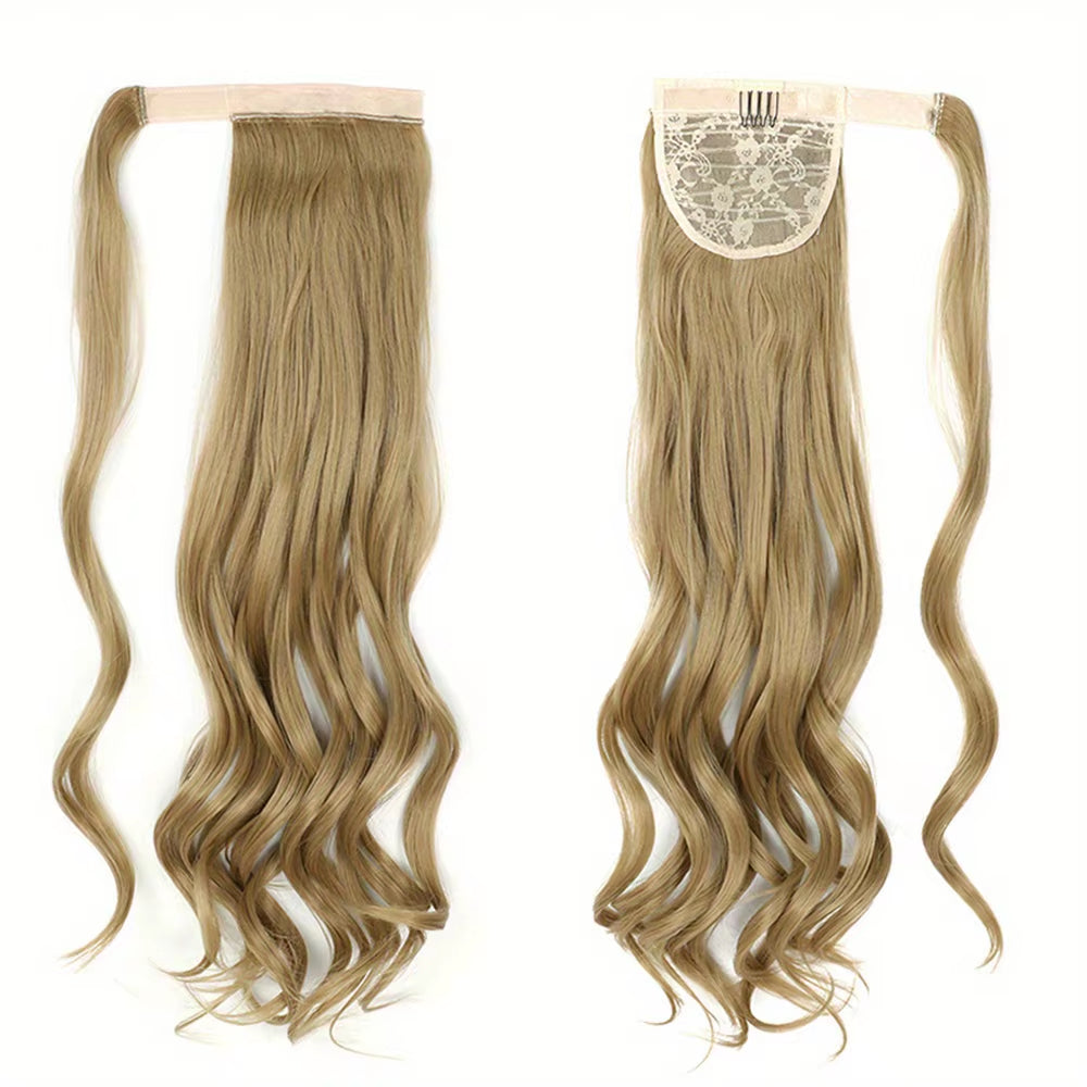 Long Curly Ponytail Extension Magic Paste Heat Resistant Wavy Synthetic Wrap around Ponytail Hairpieces