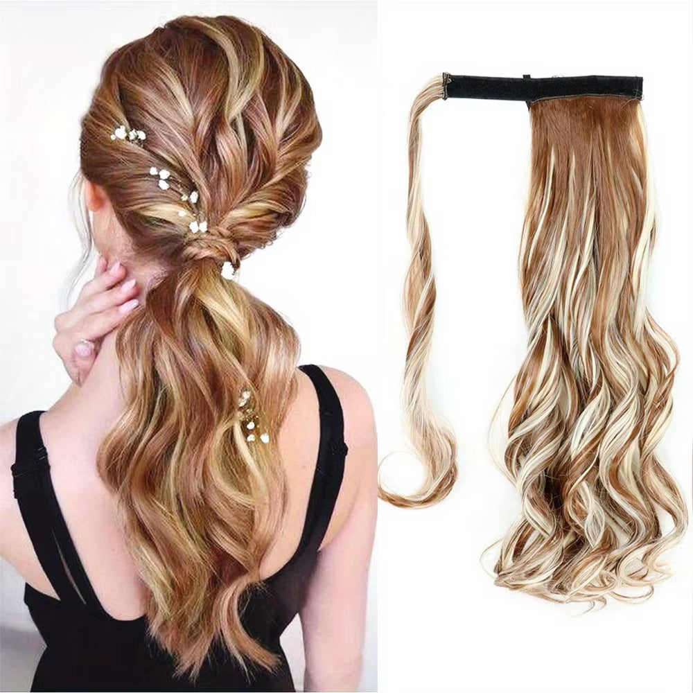 Long Curly Ponytail Extension Magic Paste Heat Resistant Wavy Synthetic Wrap around Ponytail Hairpieces