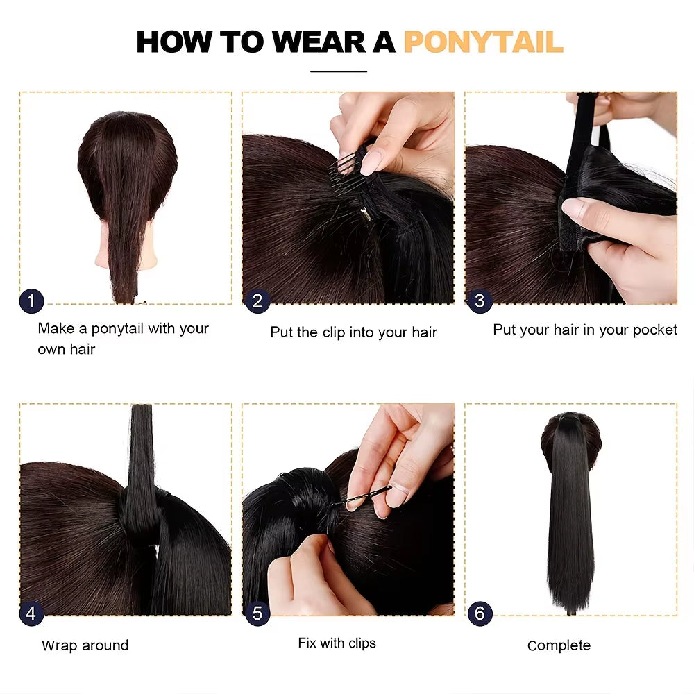 Long Curly Ponytail Extension Magic Paste Heat Resistant Wavy Synthetic Wrap around Ponytail Hairpieces