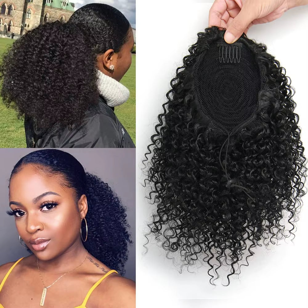 Short Afro Kinky Curly Ponytail Hair Piece for African American Ponytail Extension Synthetic Afro Kinky Curly Ponytail for Women