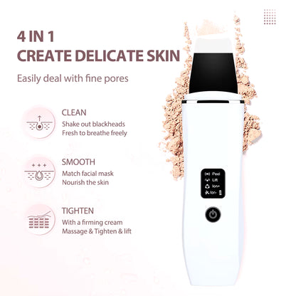 Ultrasonic Skin Scrubber Blackhead Remover Facial Cleanser 4 Modes Peeling Shovel Face Lifting Tool EMS Spatula Deep Cleansing