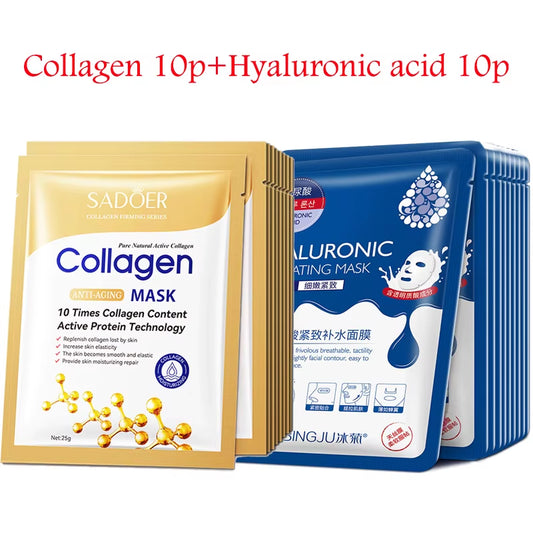 20Pcs Hyaluronic Acid Collagen Face Mask Skincare Moisturizing Firming Hydrating Facial Masks Sheet Mask Korean Skin Care