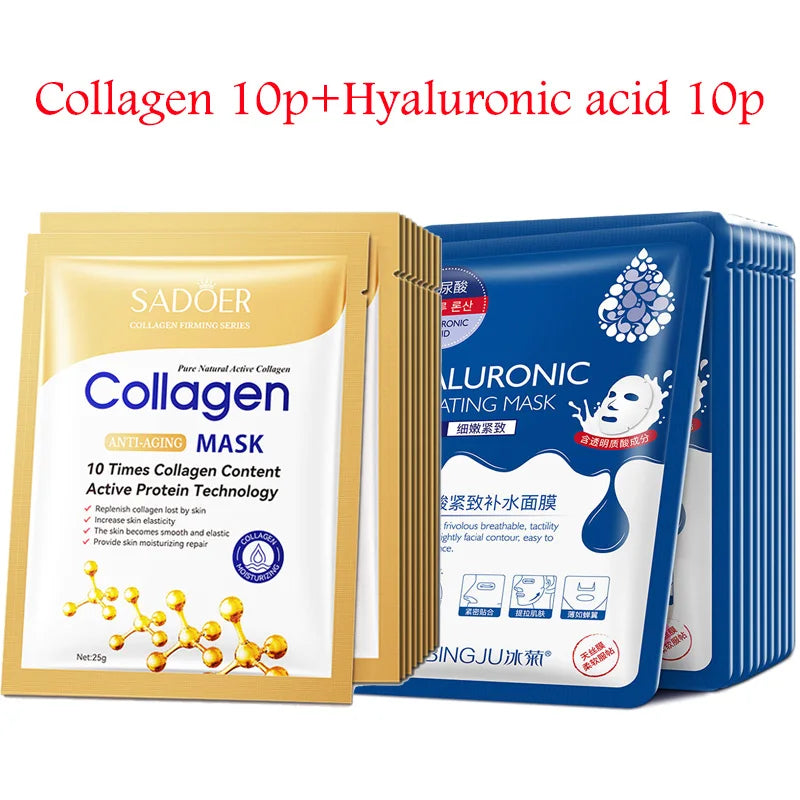 20Pcs Hyaluronic Acid Collagen Face Mask Skincare Moisturizing Firming Hydrating Facial Masks Sheet Mask Korean Skin Care