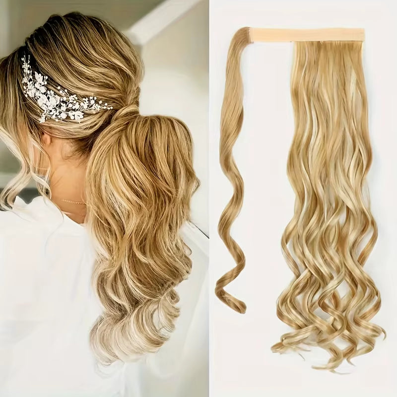 Long Curly Ponytail Extension Magic Paste Heat Resistant Wavy Synthetic Wrap around Ponytail Hairpieces