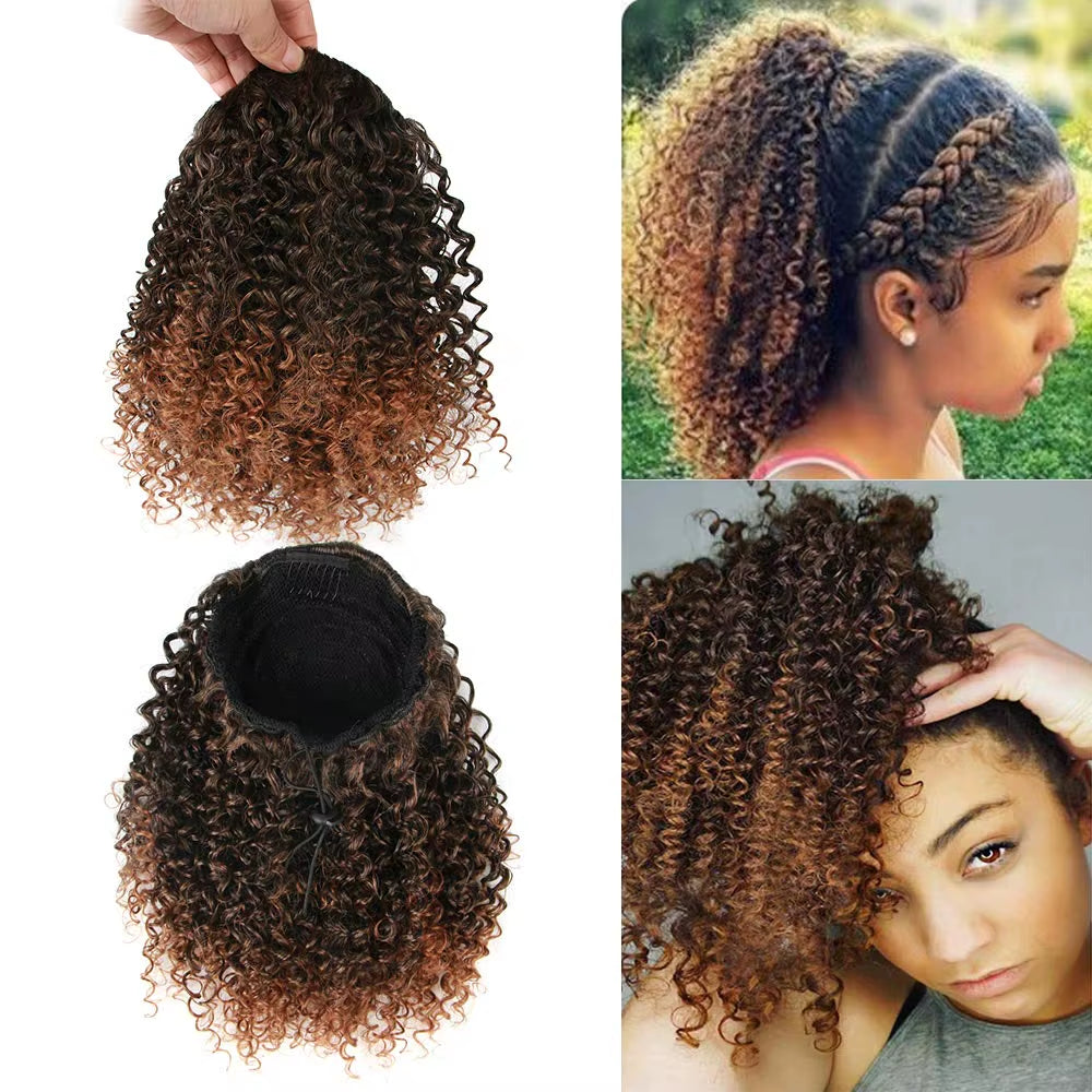 Short Afro Kinky Curly Ponytail Hair Piece for African American Ponytail Extension Synthetic Afro Kinky Curly Ponytail for Women