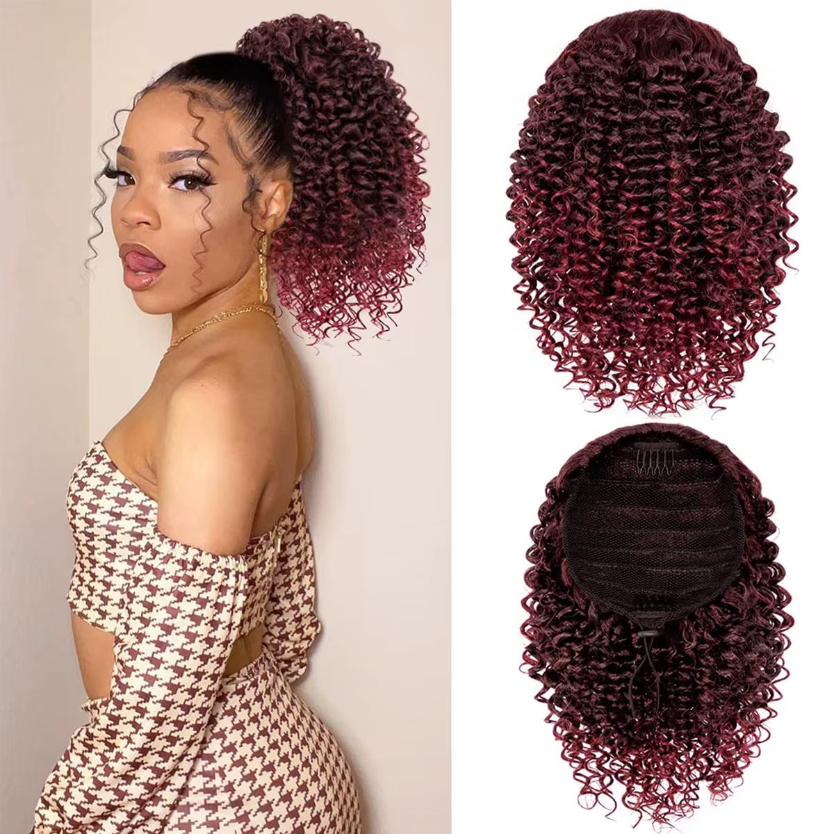 Short Afro Kinky Curly Ponytail Hair Piece for African American Ponytail Extension Synthetic Afro Kinky Curly Ponytail for Women