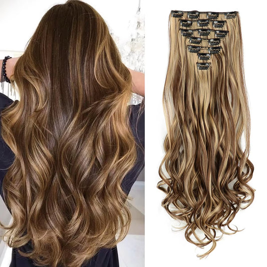 Clip in Hair Extensions 7PCS Full Head 22 Inch Long Curly Wavy Synthetic Hair Pieces Natural Wavy for Women Girls Hair