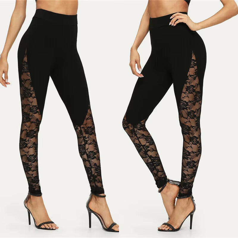 High Waist Black Lace Leggings, Floral Lace Side Panel Cut Out Black Leggings