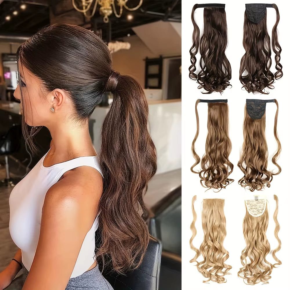 Long Curly Ponytail Extension Magic Paste Heat Resistant Wavy Synthetic Wrap around Ponytail Hairpieces