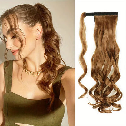 Long Curly Ponytail Extension Magic Paste Heat Resistant Wavy Synthetic Wrap around Ponytail Hairpieces