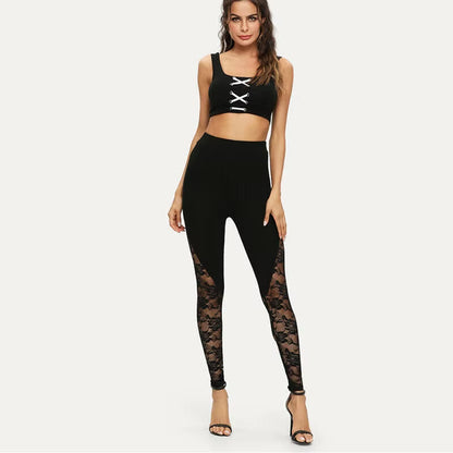 High Waist Black Lace Leggings, Floral Lace Side Panel Cut Out Black Leggings