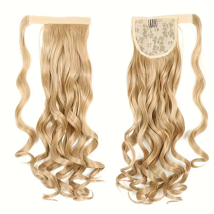 Long Curly Ponytail Extension Magic Paste Heat Resistant Wavy Synthetic Wrap around Ponytail Hairpieces