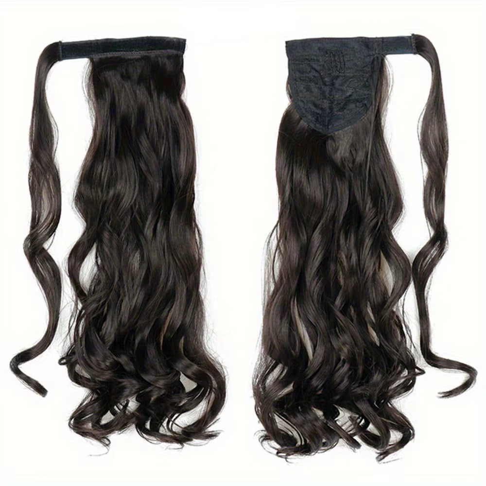 Long Curly Ponytail Extension Magic Paste Heat Resistant Wavy Synthetic Wrap around Ponytail Hairpieces